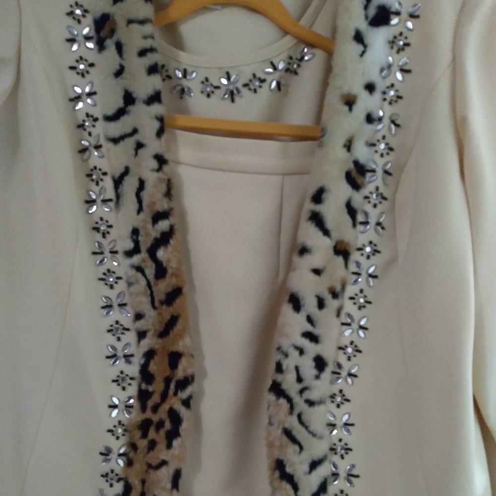 Women's Lisa Renee Cream and Animal Print Skirt Suit with Jewel Embellishments
